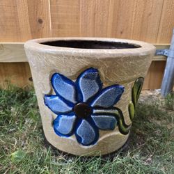 Mexican Import Barro Clay Blue Flower Design Flower Pot Planter
