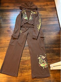 Brown Crop Ed Hardy Sweatsuit 2000’s Y2K Pants and Hoodie Sweats Jacket Hooded Size L and XL