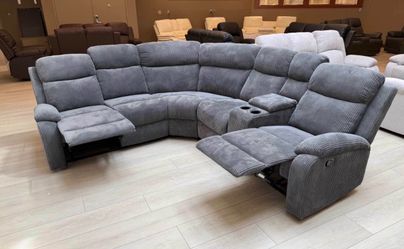 Soft gray microfiber fully reclining sectional couch