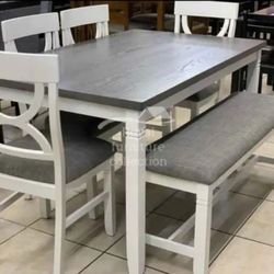 ✅️✅️(6 pc white & grey finish wood dining table set grey padded seat chairs and bench✅️✅️✅️