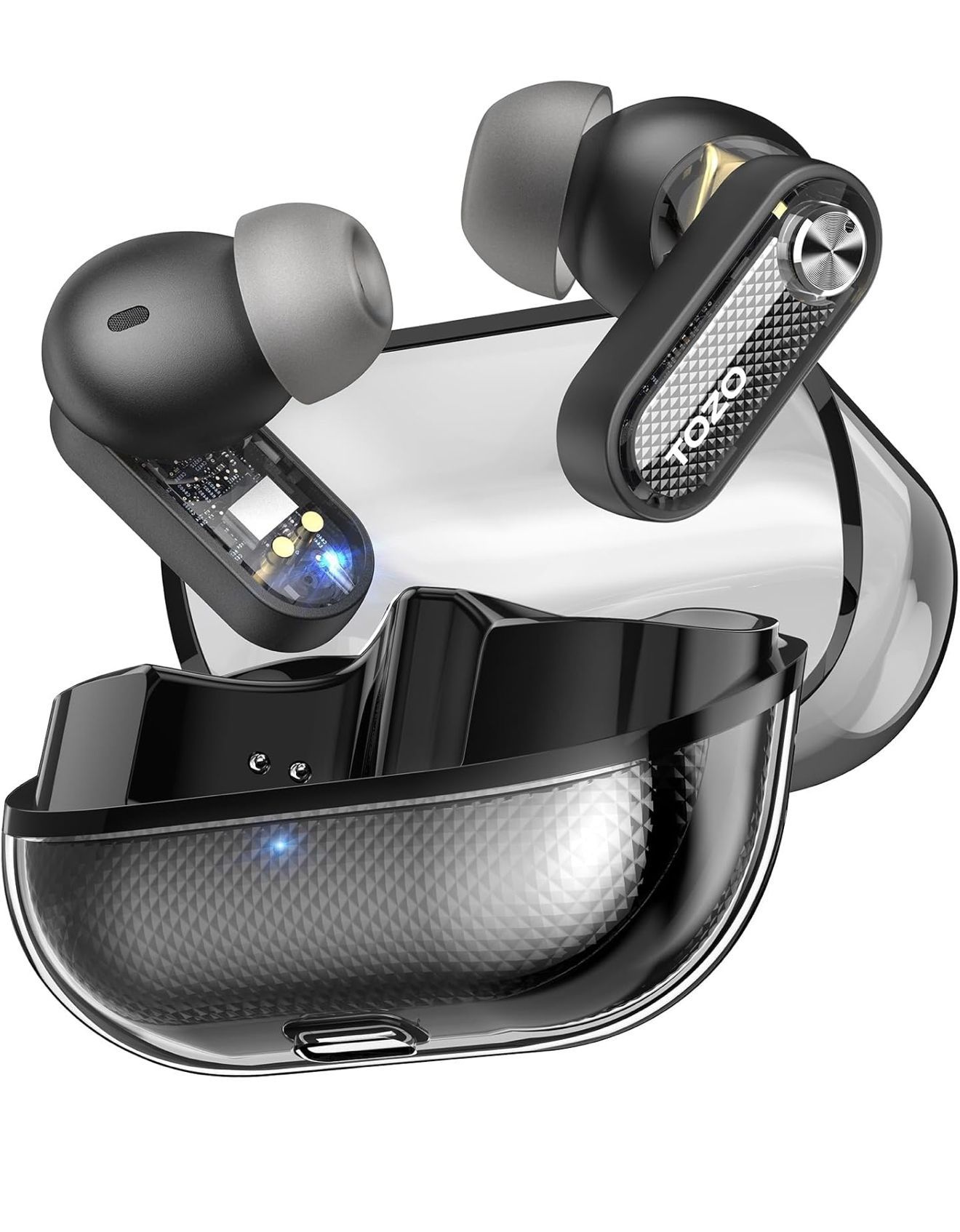 TOZO Crystal Pods Hybrid Active Noise Cancelling Wireless Earbuds, 10mm Drivers Deep Bass Stereo Sound, 4 Mics Smart ENC AI Calls, 32 EQ via App, Blue