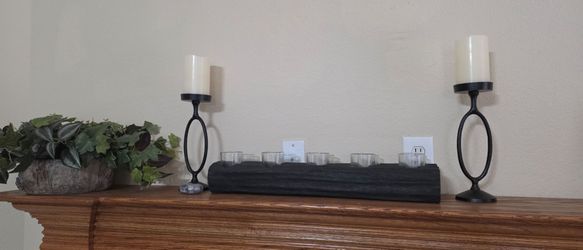 Wooden candle holders (set of 2) with 2 iron candle holders for sale.