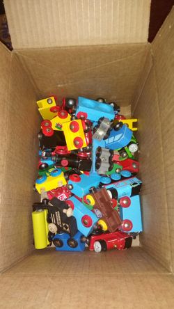 Box of wooden trains