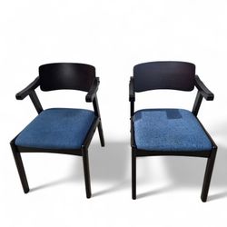 Mid-Century Modern Wood Arm Chair w/ Blue Upholstered Seat – Office / Accent Chair