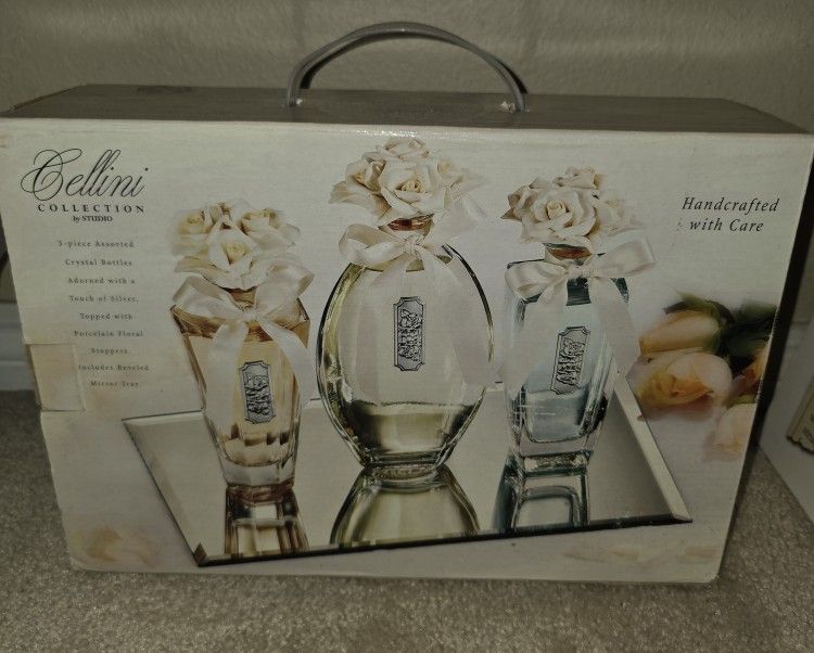 Cellini Italy Trio of Perfume Bottles, Porcelain Rose Stoppers & Mirror