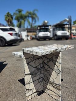 Wooden, Marble style Side Table with X-Base