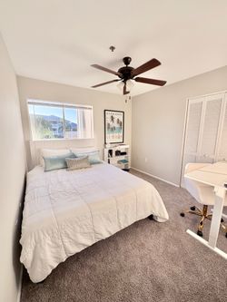 Queen size white velvet bed - frame, headboard and mattress