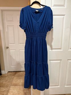 Women’s Blue Tiered Midi Dress with Smocked Waist
