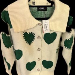 Cider Green Heart Pearl Cardigan 