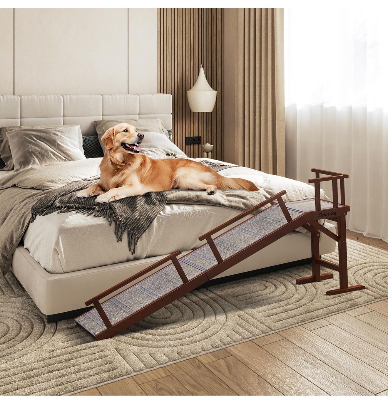 Wooden Dog Ramp for Bed with Removable Side Rail and Non-Slip Carpet, Stable Pet Ramp Stair for Couch Sofa for Small & Large & Senior Dogs, 74" Long R