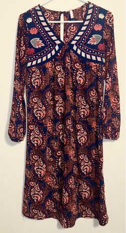 Navy and Red Long Sleeve Dress Paisley Print