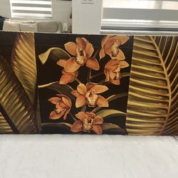 Orange Orchids And Palm Leaves Canvas Wall Art 20” X 10”
