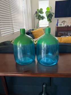 Set of 2 Large Decorative Glass Vases – Green & Blue