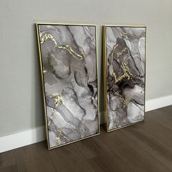 TWO Piece 40x40 LARGE Grey/Black/White/Gold Framed Abstract Marble Canvas Wall Artwork