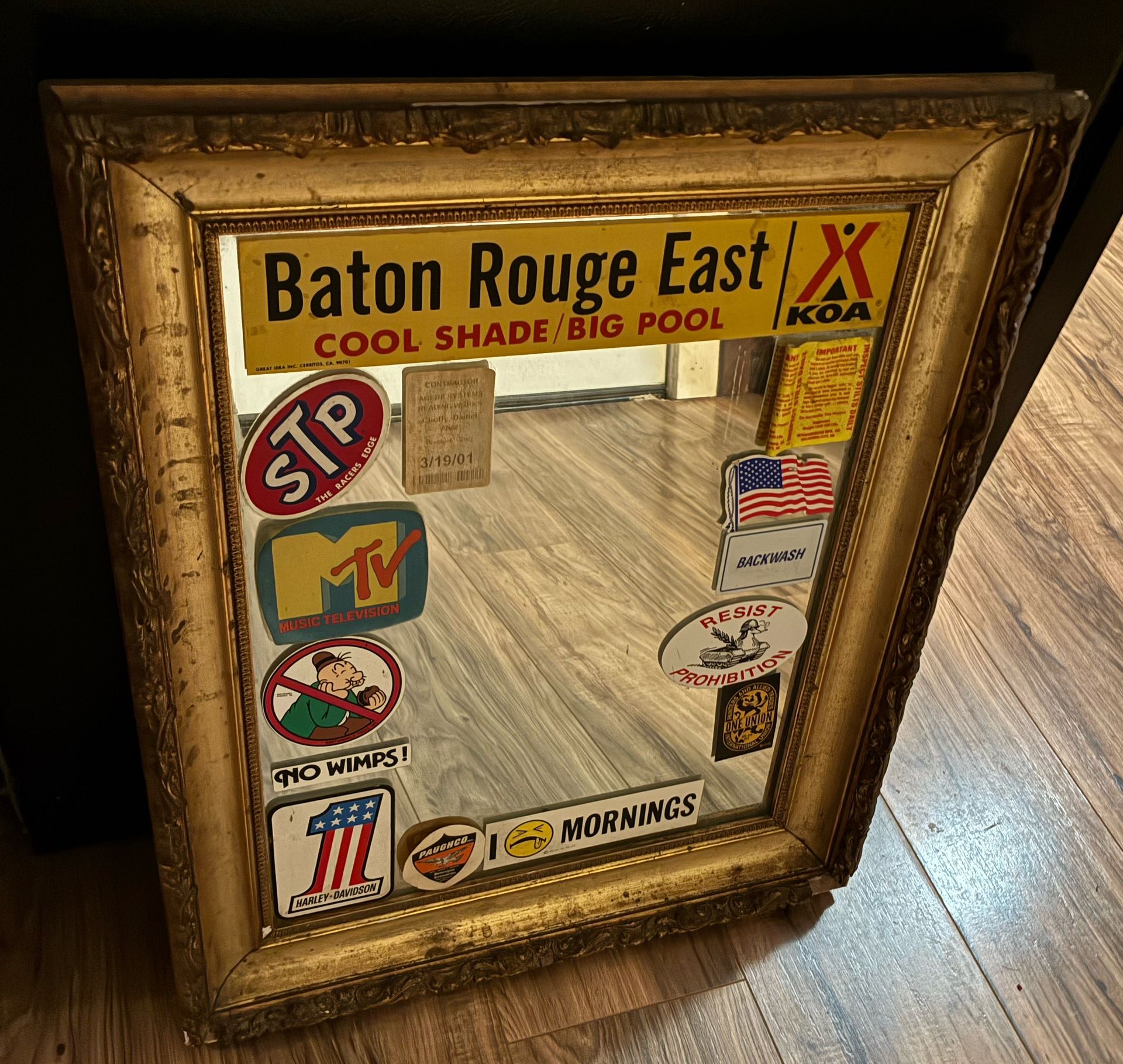 Vintage Mirror w Various Bumper Stickers n Decals