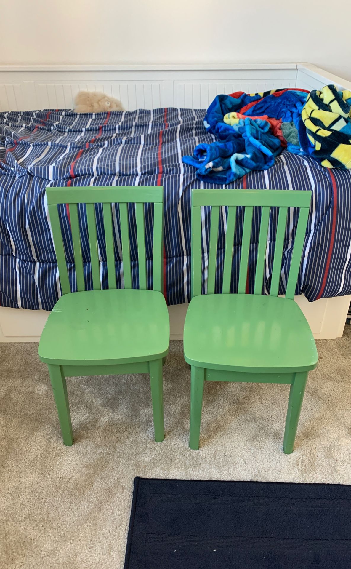 2 green wood kids / toddler children’s chairs