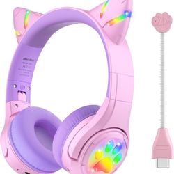 BRAND NEW Cat Ear Kids Wireless & Wired Bluetooth Headphones with LED Light Up Built-in Mic&Boom Mic for Tablet/Airplane/School/Online Learning