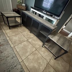 Industrial Style Tv Console Table Storage With Matching End Tables 
