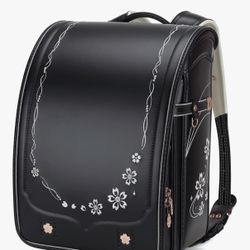 Japanese School Bag Cherry Blossom Sakura Embroidery PU Bookbag for Girls (Black)
