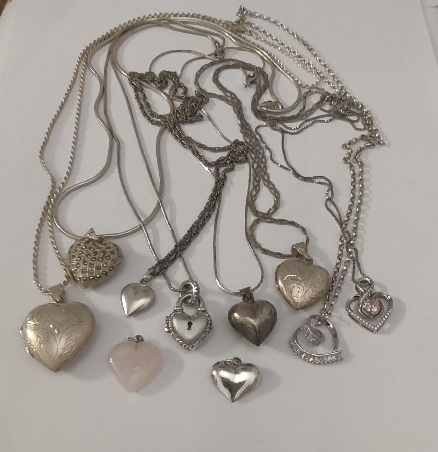 10 Sterling Silver Heart Lockets & Pendants w/ Chains