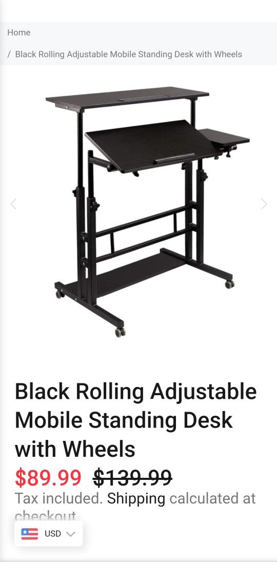 Black Rolling Adjustable Mobile Standing Desk with Wheels