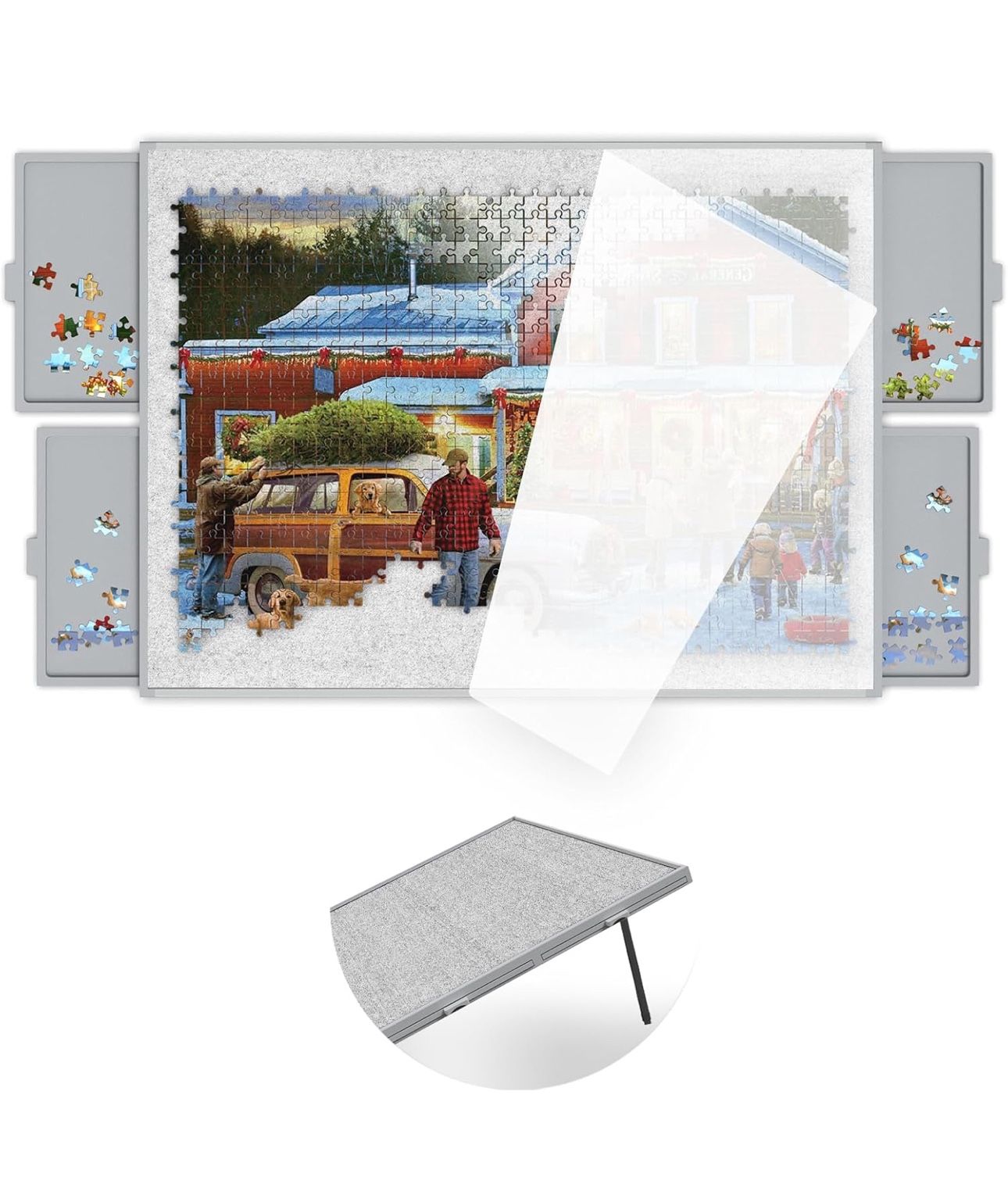 Puzzle Board 1500 Pieces,Jigsaw Puzzle Board with Adjustable Tilting Pole,Felt Surface and Cover,Grey Tilting Puzzle Board with Drawers