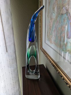 Adam Jablonski Hand Blown Art Glass Blue & Green  Large 17" Sculpture Murano Style Artist signed