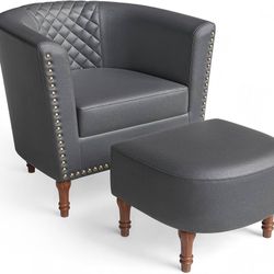 Barrel Chair with Ottoman, Accent Chair, Faux Leather Armchair Club Chair with Soft Cushion & Solid Wood Legs for Living Room, Bedroom, Navy Blue