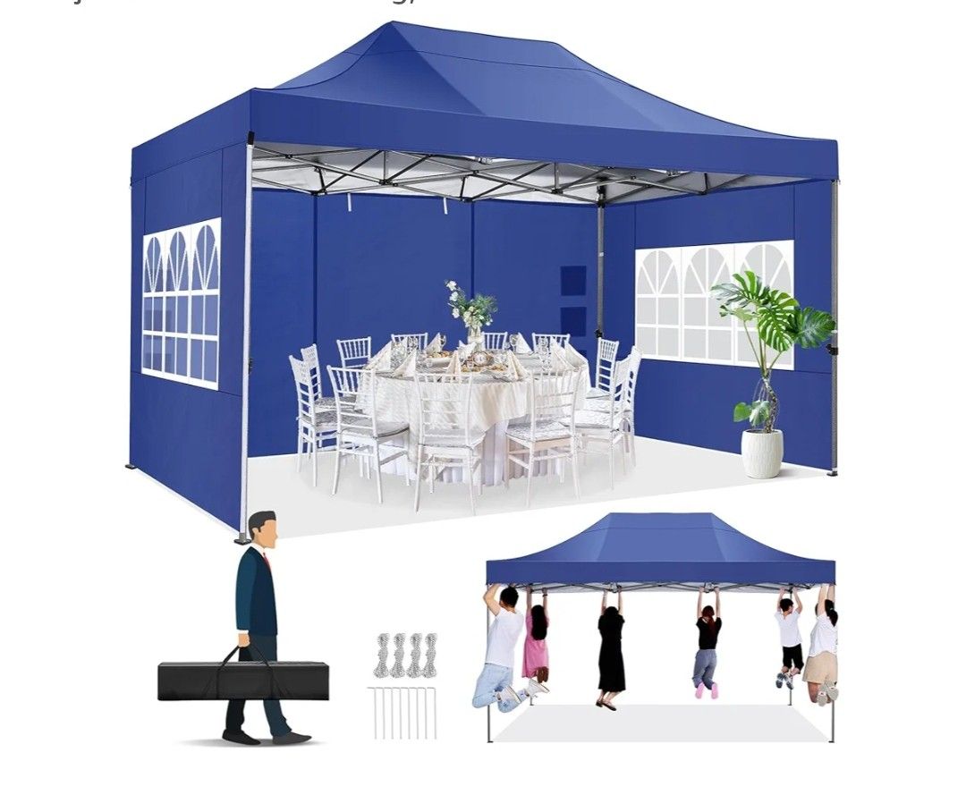 10x15 Pop up Canopy Tent Heavy Duty with 4 Sidewalls, Easy Set-up Commercial Outdoor Party Tent, 100% Waterproof Wedding Canopy Gazebo, 3 Height Adjus