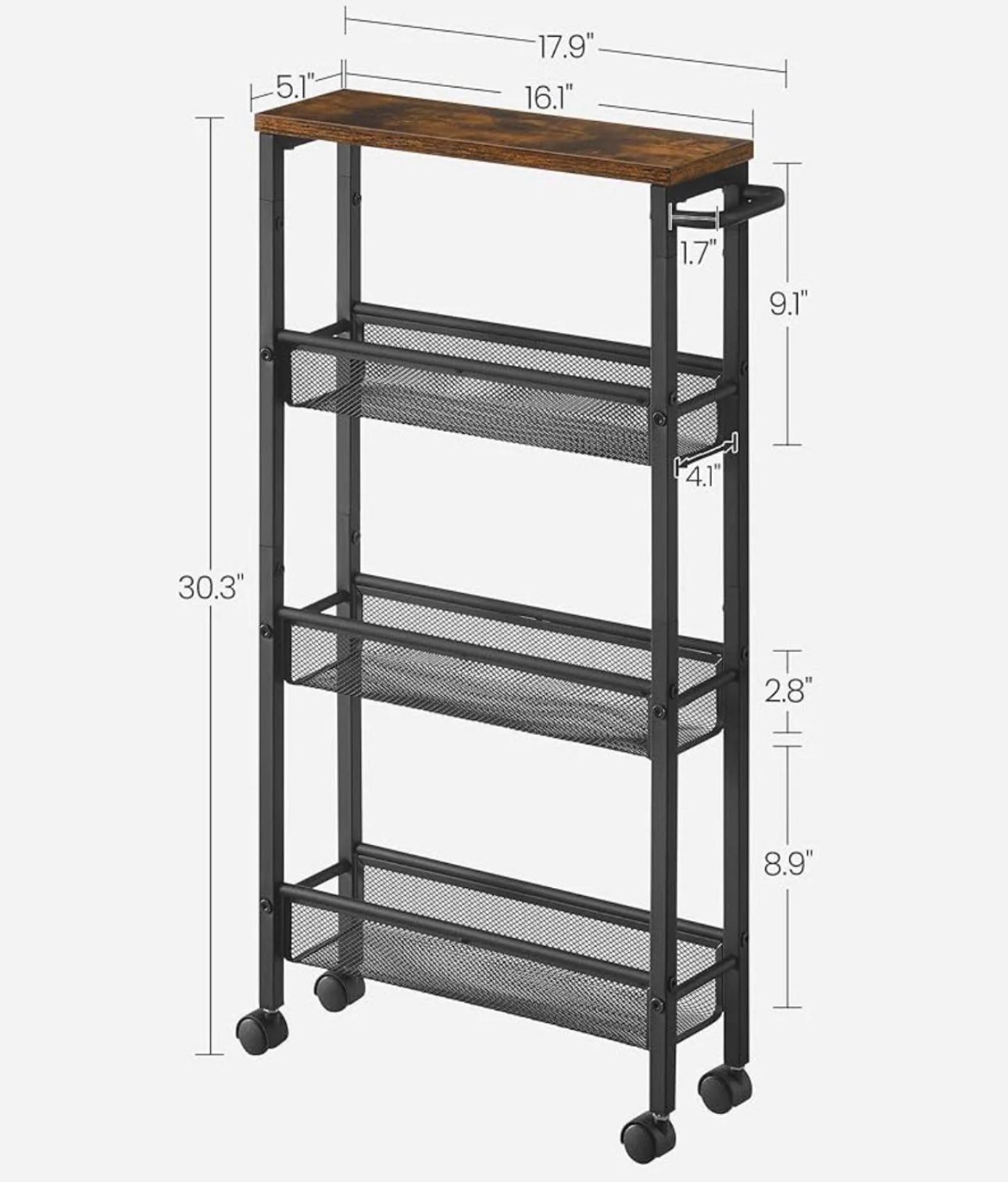 VASAGLE Slim Rolling Cart 4-Tier Narrow Storage Cart with Handle - Brown