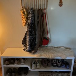Entryway Bundle: White Low Storage Shelf + Rattan Wall Hook Rack