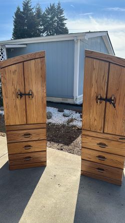 2 oak dresser cabinets w mirror cross top