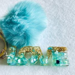 Keychain Blue Turquoise Love Gold Fluffy Bag Purse Decor Chain