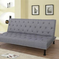 Brand New Gray Denim Linen Fabric Nail Studded Sofa Bed 