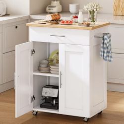 SELOOYE Kitchen Island Cart with Storage, Rolling Side Table, Large Worktop, Cabinet, Towel Rack, Drawers