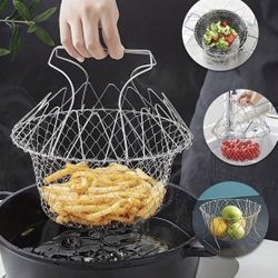 1pc Stainless Steel Folding Fry Basket Circular Strainer For French Fries/Chicken Wings, Drainage Basket For Frying Food,Kitchen,Summer Beach Party,Fo