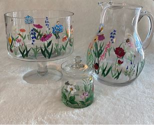 Hand-Painted Floral Glass Set - Clear with Multicolor Flowers - Set of 3
