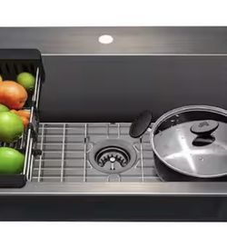 All-in-One Matte Black Finished Stainless Steel 33 in. x 22 in. Drop-In Single Bowl Kitchen Sink with Faucet