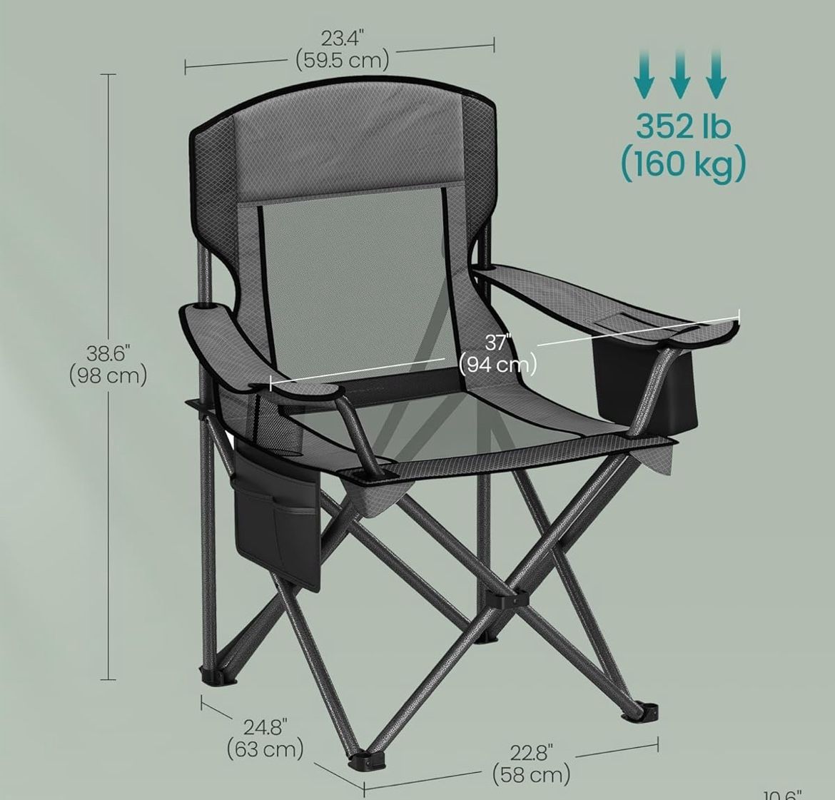 SONGMICS Camping Folding Lawn Chair w/ Cooler Bag 352 lb Weight Capacity - Gray