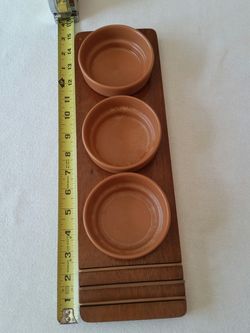 Wooden Tray Condiment / Dip Server With 3 Ceramic Bowls & Wood Serving Paddles