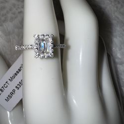 NEW Sterling Emerald Cut Moissanite Halo Engagement Ring, size 7