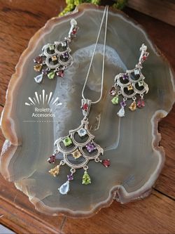Sterling Silver 925 Necklace And Earrings Set with precious Multicolor Stones