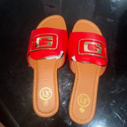 Red Slide Sandals with Gold G Buckle