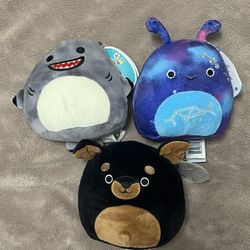 3 New Squishmellows Shark Alien Doberman Dog