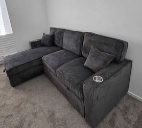 2-Pc sectional sofa w/ pull-out bed & storage  dark gray corduroy
