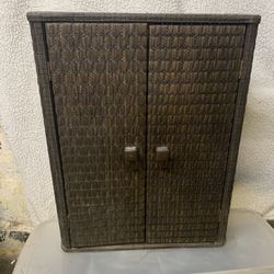 Brown Woven Rattan-Style Wall Cabinet with Shelves  And Doors 25x19x5.5”Storage