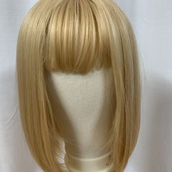 15 Inch Light Blonde With Golden Highlights Synthetic Wig With Bangs