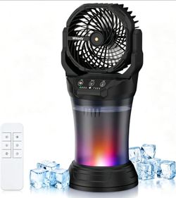 Misting Fan Portable Camping Fan Battery Powered with Remote Control, RGB Ambient Light with 2L Bucket, Battery Indicator,