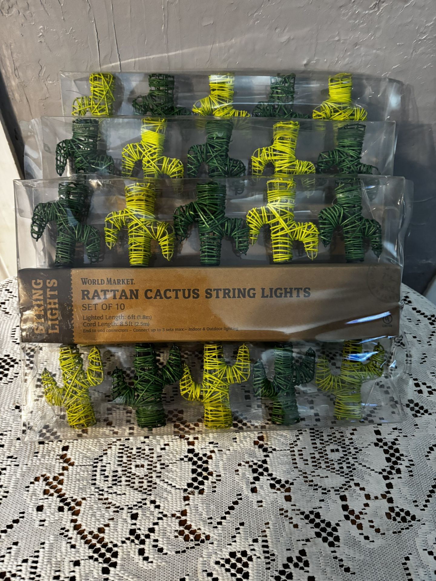 Pier One Brand New Three Boxes of Green Ratan Cactus Shaped 30 Lights