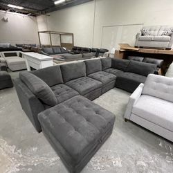 Dark Gray Modular Fabric Sectional Couch with Storage Ottoman